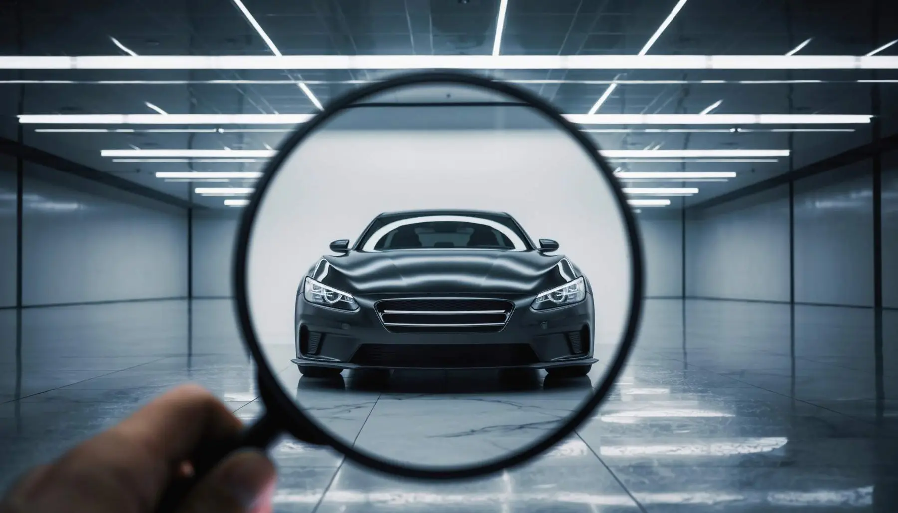 A magnifying glass held up to a car in a bright showroom