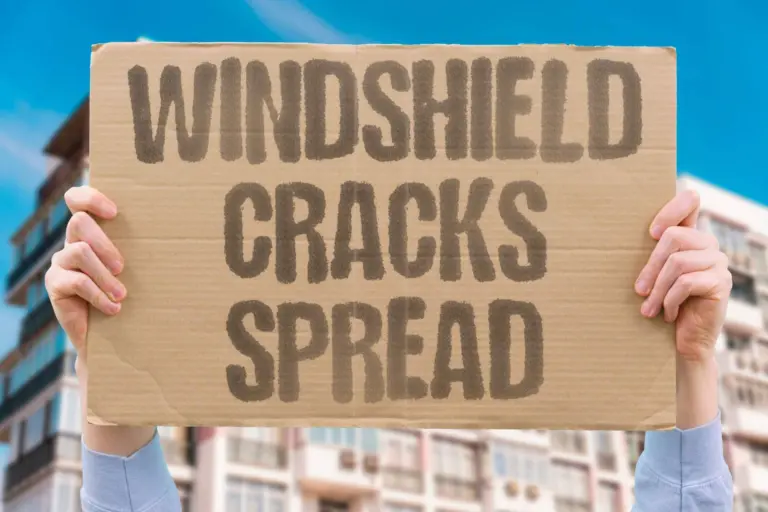 Hands holding a cardboard sign that reads Windshield Cracks Spread
