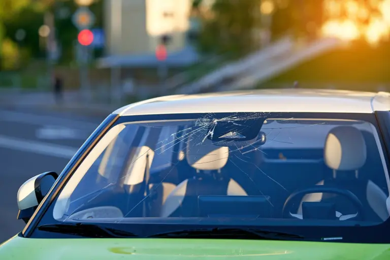 A car with a cracked windshield parked on a city street at sunset
