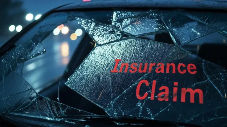 Shattered windshield at night with the words Insurance Claim