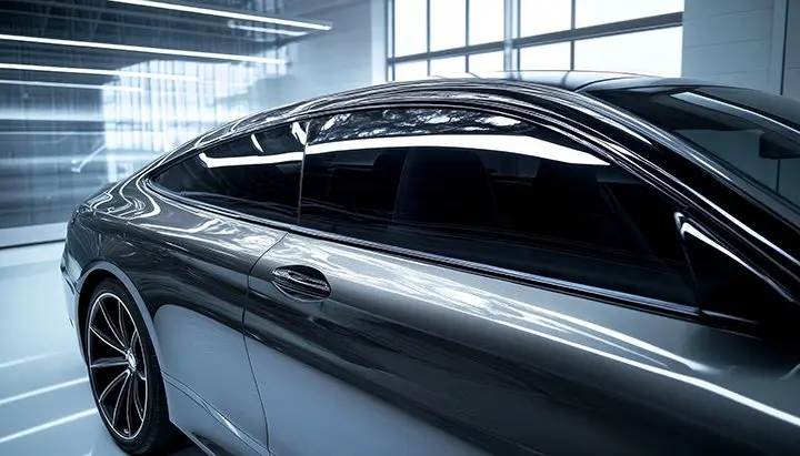 A dark gray car with tinted windows in a garage