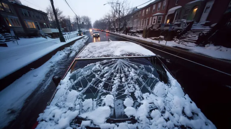 A cracked, snow-covered windshield on a snowy city street